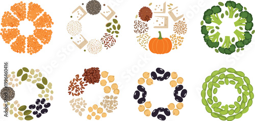 Plant Based Food Circle Vector Set with Beans Lentils Seeds Grains Vegetables and Healthy Vegan Nutrition Elements for Organic Design