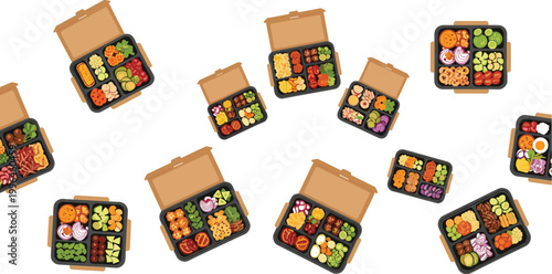 Healthy Meal Prep Lunch Box Pattern Vector with Balanced Diet Food Portions Vegetables Protein and Clean Eating Containers for Nutrition Design