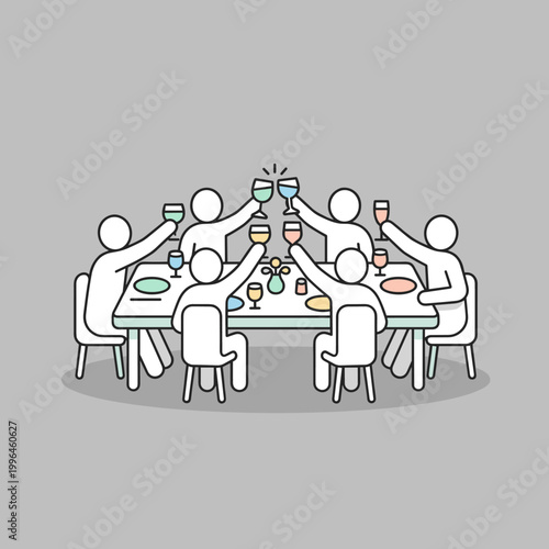 Group of people toasting drinks at a long table