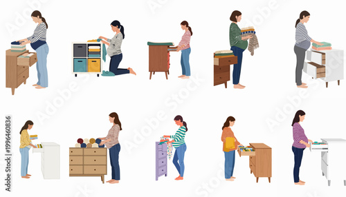 Set of illustrations featuring pregnant women organizing baby clothes in dressers and cabinets, representing the nesting instinct during pregnancy.