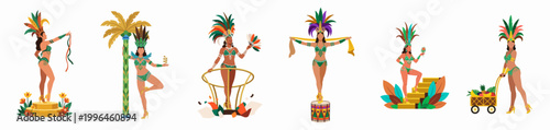 Fotografi Set of vibrant Brazilian carnival dancers in traditional feathery costumes and elaborate headpieces, performing in a flat vector illustration style