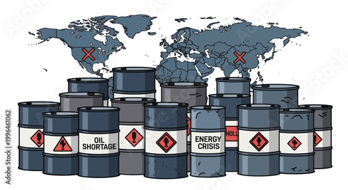 Global oil shortage and energy crisis illustrated with barrels on world map