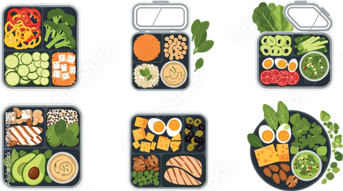 Healthy Meal Prep Lunch Box Vector Set with Balanced Diet Food Portions Vegetables Protein and Fresh Ingredients for Nutrition Design
