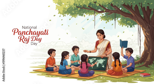 Illustrative scene of National Panchayati Raj Day showing an Indian teacher reading to attentive children seated on mats outdoors, displaying a world map in a vibrant, educational