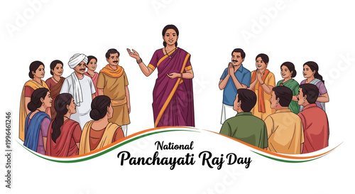 An illustration depicts National Panchayati Raj Day with a woman in a sari addressing a diverse group of people in a village setting, presented in a flat vector style conveying a sense