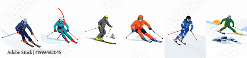 Konstfotografi Collection of diverse alpine skiers in colorful gear descending snowy slopes in a flat vector illustration style