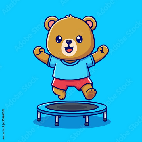 Obraz na plátně Cute cartoon bear jumping on a trampoline with a happy expression