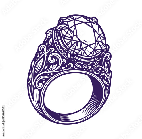 ornate ring with large diamond gemstone and intricate engravings on band