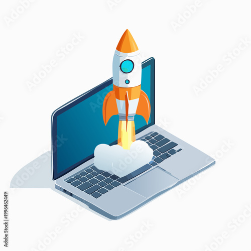 Rocket launching from a laptop computer screen symbolizing startup, innovation, and rapid growth in technology
