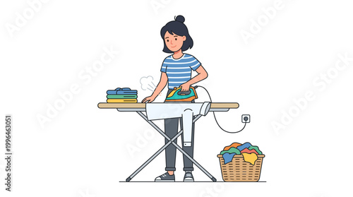 Woman ironing clothes on an ironing board with a basket of laundry