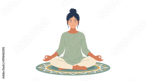Woman meditating cross-legged on decorative mat