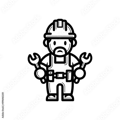 Monochromatic illustration of a construction worker holding wrenches.