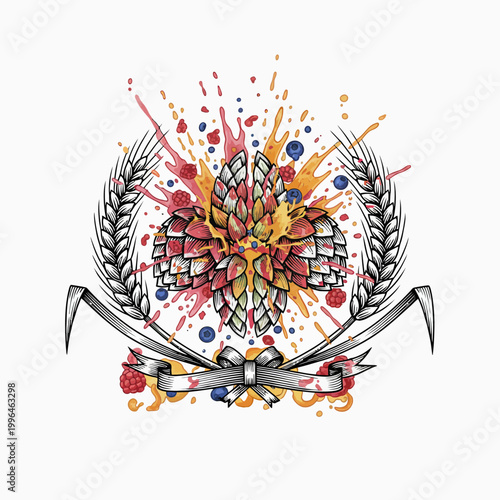 Vibrant Watercolor Hops and Wheat Wreath Design.