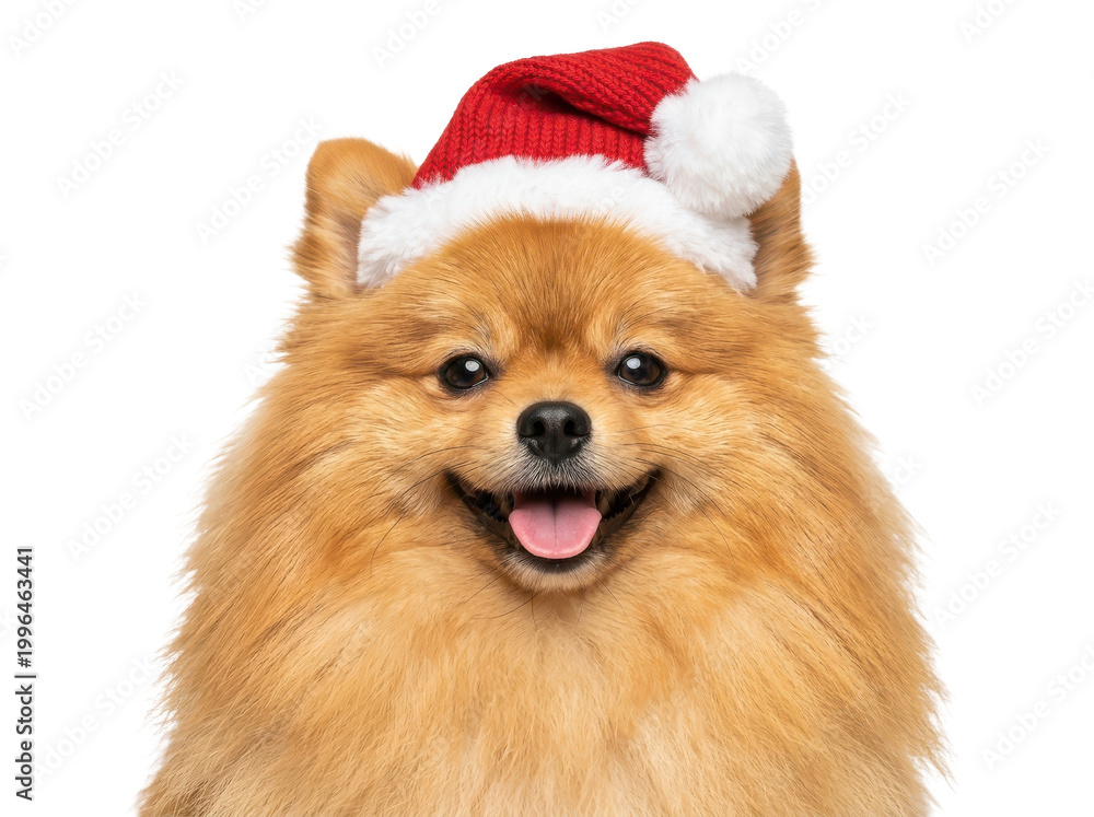 Obraz premium A cheerful pomeranian dog wearing a red santa hat smiles brightly on a white background