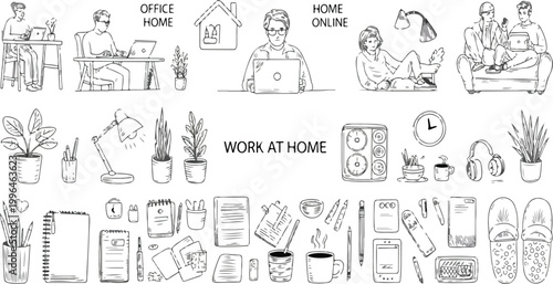 Home office freelance work scene with man and woman studying and working online, cozy setup with books and plants