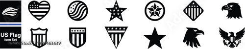 American flag and star vector icons collection with stripes and shapes design elements in black and white style. Flag USA set isolated icon. America holidays. 4 july banner in flat style.