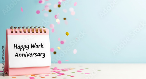 Pink desk calendar with happy work anniversary text and falling confetti white desig