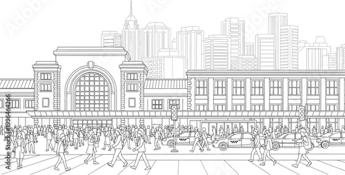 People walking on city street corner.
