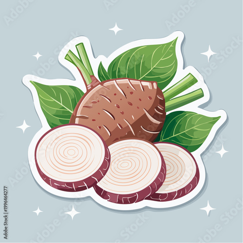 Illustration of a Taro Root with Slices and Leaves