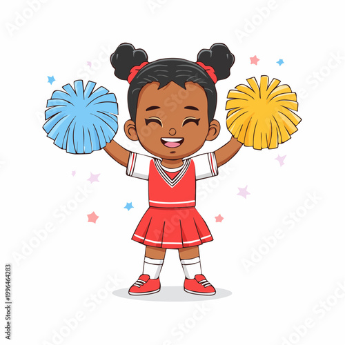 Happy young Black girl with pigtails dressed in a cheerleader uniform holding pom-poms and smiling