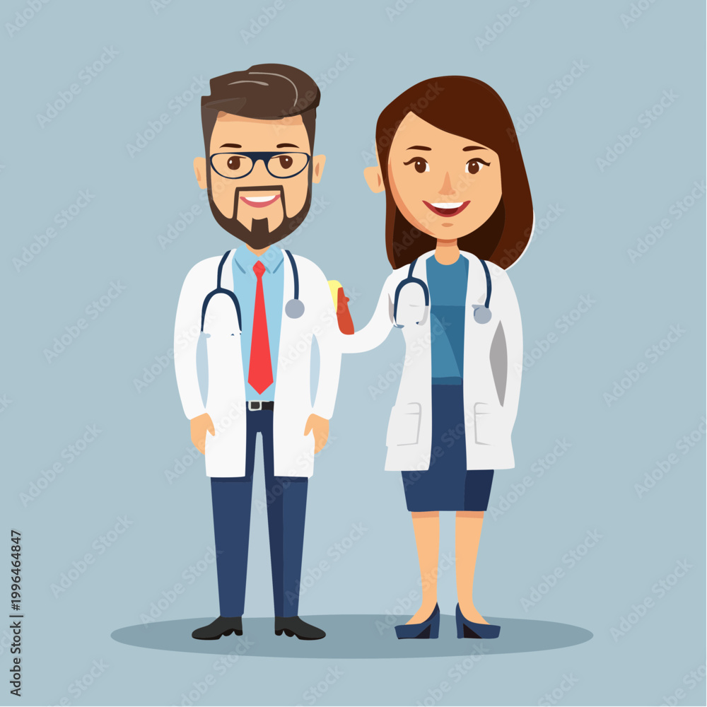 Fototapeta premium Two friendly cartoon doctors, a man and a woman, standing together wearing white lab coats and stethoscopes with smiles