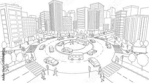 City Roundabout with Traffic and Buildings.