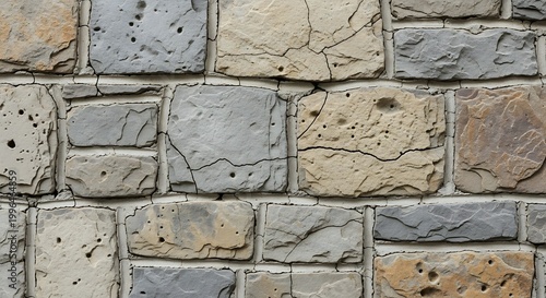 A close-up view of a weathered stone wall with rough texture