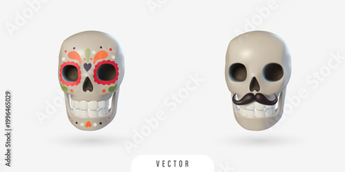 3D skull face with mustache and ornament. Mexican traditions symbol, Dia de los Muertos, Cinco De Mayo. Rendering decorative design element. Realistic vector illustration isolated on white background