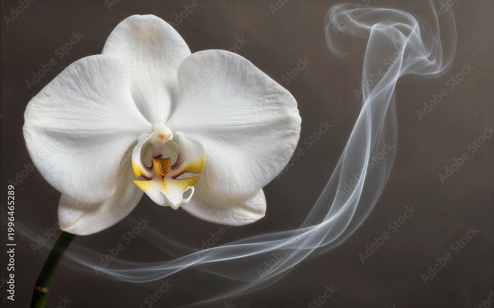 Naklejka premium White orchid blooms softly beside swirling smoke against a dark