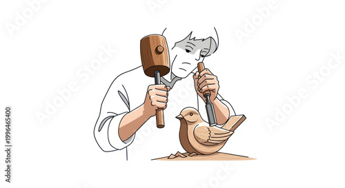 A skilled craftsman uses tools to carve a beautiful bird sculpture from wood.