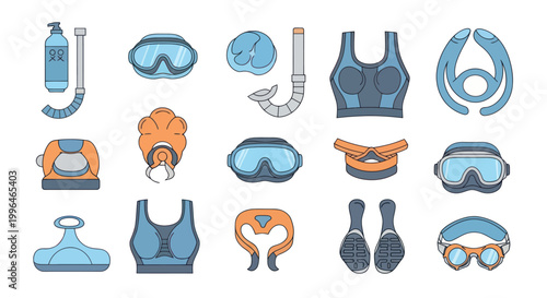 Collection of Water Sports, Scuba Diving, and Snorkeling Gear Icons
