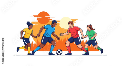 Diverse Group of People Playing Soccer Outdoors at Sunset