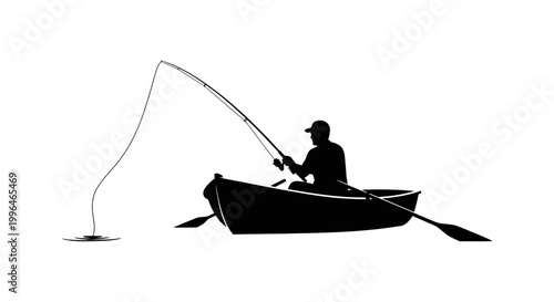 Silhouette of a person fishing from a rowboat.