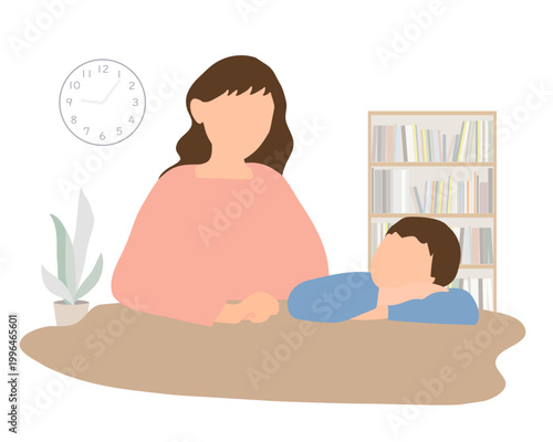 机に伏せて元気がない小学生の男の子と母親のイラスト