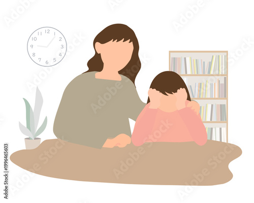 悩みを抱えて顔を覆う小学生の女の子と母親のイラスト