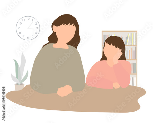 母親と一緒に落ち着く小学生の女の子のイラスト