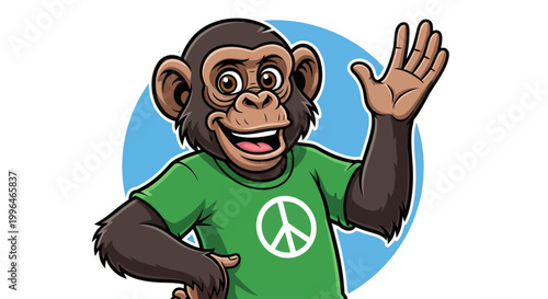 A cartoon monkey wearing a green t-shirt with a peace sign.