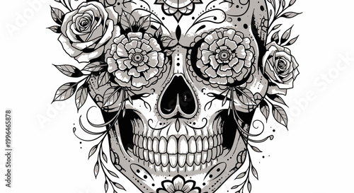Decorative sugar skull with floral crown.