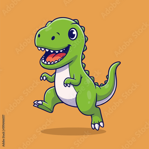 Cute cartoon green dinosaur running happily.