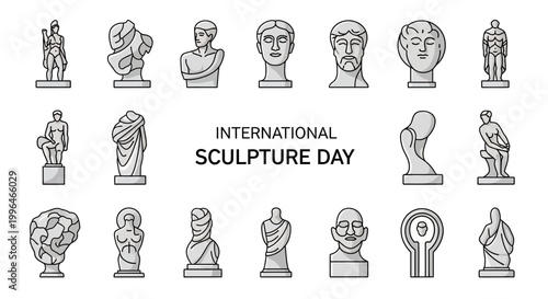 A monochromatic vector illustration showcases various art sculptures in celebration of International Sculpture Day, featuring classical and modern designs against a clean white backdrop