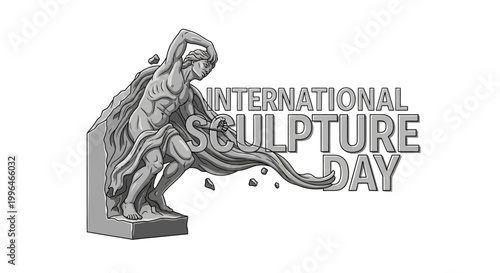 Vector illustration celebrating International Sculpture Day, depicting a classical marble statue emerging dynamically from stone with dynamic lines, set against a clean white background