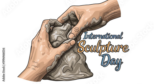 Detailed vector illustration celebrating International Sculpture Day, showing hands shaping clay into abstract forms against a clean white background with soft lighting to highlight