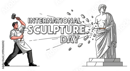 An artist chisels a classic marble sculpture on International Sculpture Day, rendered as a detailed vector illustration with a dynamic composition and a creative sculpture concept