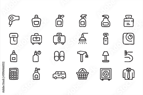 Cleaning and Hygiene Icons, Household Tools, Spray Bottles and Appliances