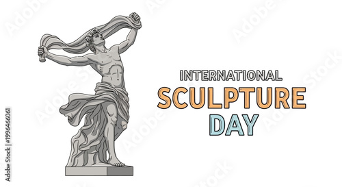 A vector illustration commemorates International Sculpture Day, showcasing a stylized classical sculpture against a clean white background with minimalist design elements and earth-tone