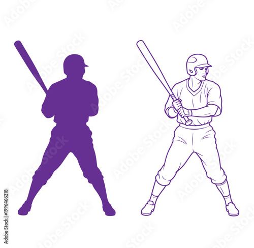 baseball player in batting stance with bat silhouette and outline on white background