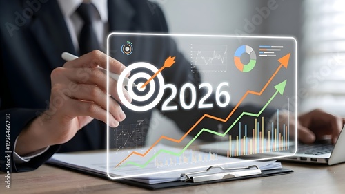 Businessman planning goals with digital checklist and target strategy, success achievement steps, corporate project management, performance tracking, and strategic growth objectives