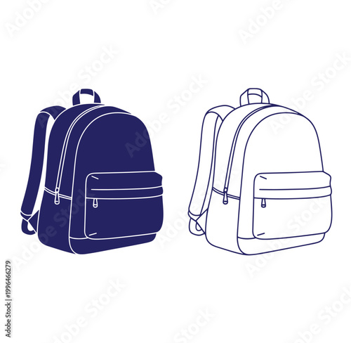 blue and white backpacks with straps and pockets on white background