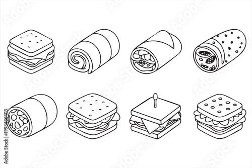 Sandwich and Wrap Icons, Fast Food Lunch, Tortilla Rolls and Snack Meals