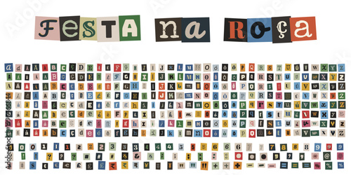 Alfabeto e números recortados estilo colagem para convite de Festa Junina e decoração